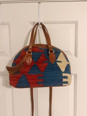 Handwoven Boho Bag in Blue, Red & Cream with Tooled Leather Trim